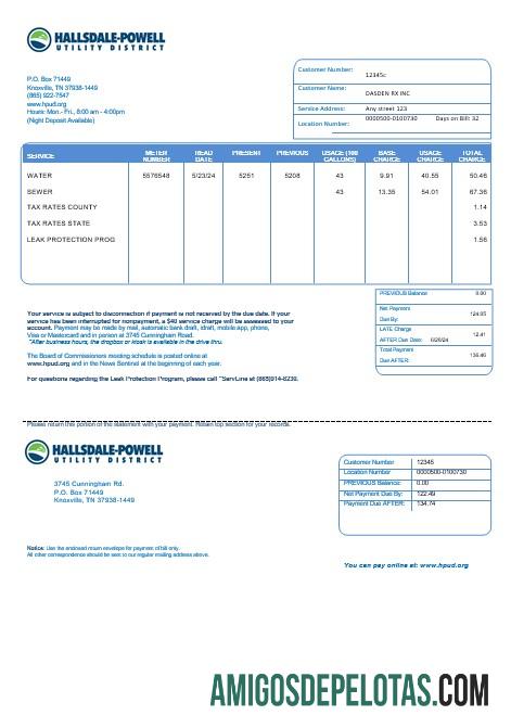 Em branco modelo de conta de serviços públicos Hallsdale Powell dos EUA em formatos Word e PDF